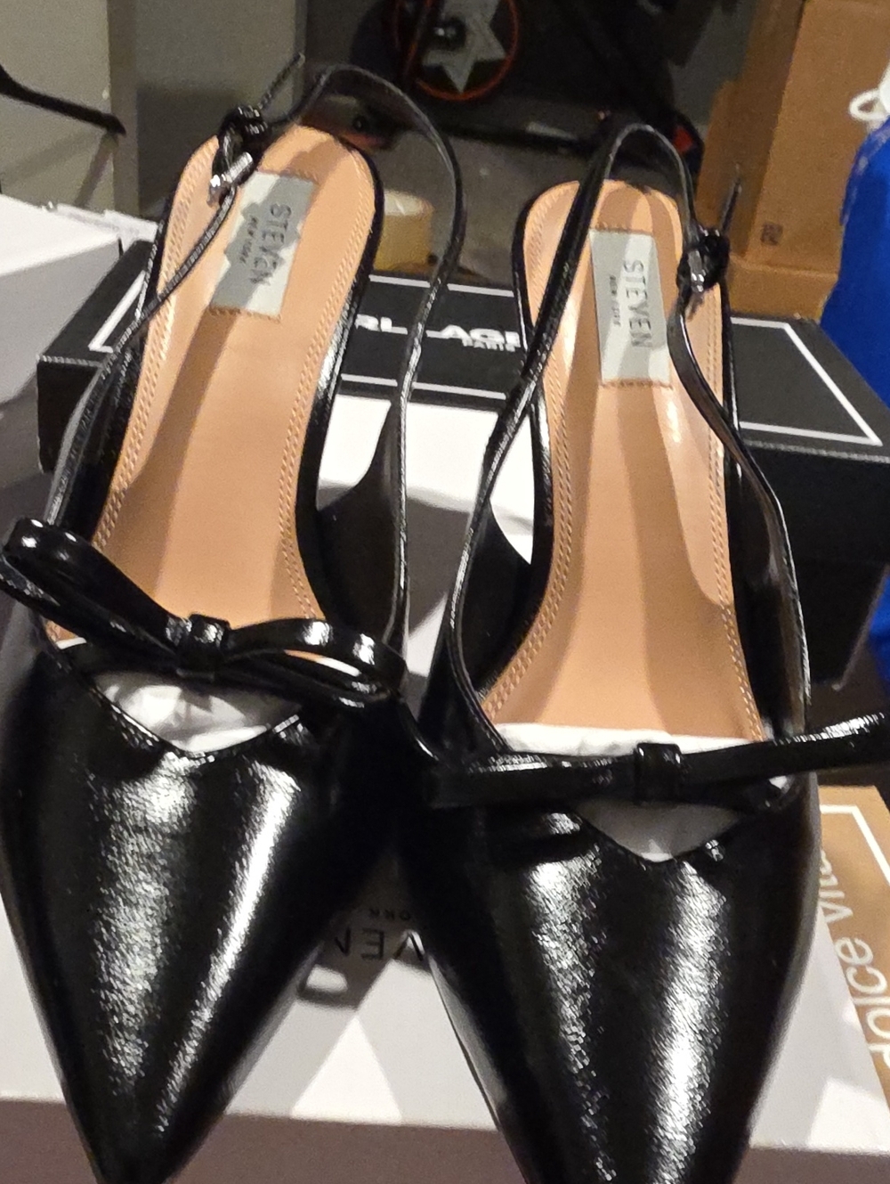 Slingback Pointed-Toe Pumps with Bow - Black Patent